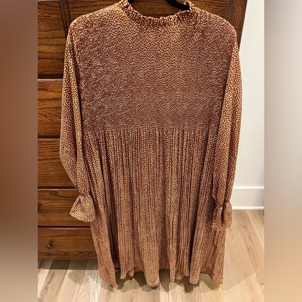 Brown Smocked Mock Neck Bishop Sleeve Dress